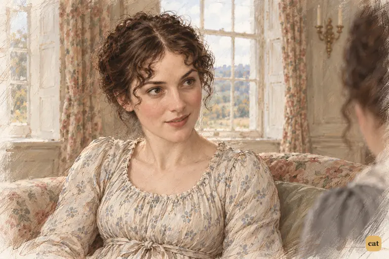 Elizabeth Bennet answers her aunt’s earnest warning with raised brows and affectionate mock gravity.
