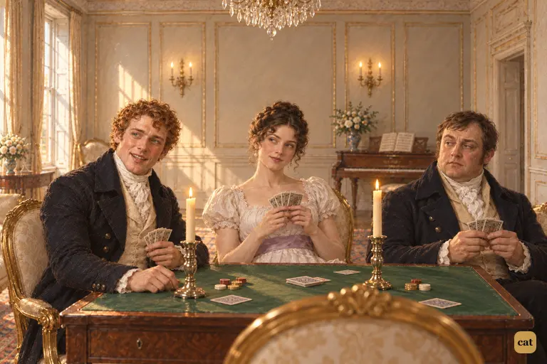 Caroline Bingley addresses her brother while smiling flatteringly toward Darcy