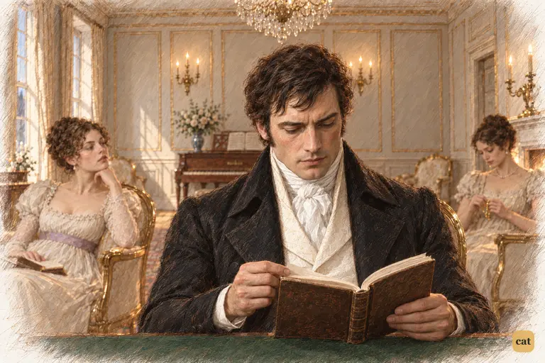 Darcy’s steady attention to his book quietly answers Caroline’s appeal to conversation.