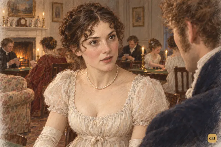 Elizabeth's eyebrows rise as Wickham reveals his tie to Darcy's family from infancy
