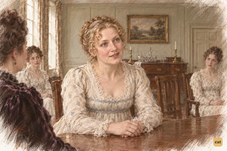 Mrs. Bennet gently asks after the Collinses, trying to restore comfortable conversation.