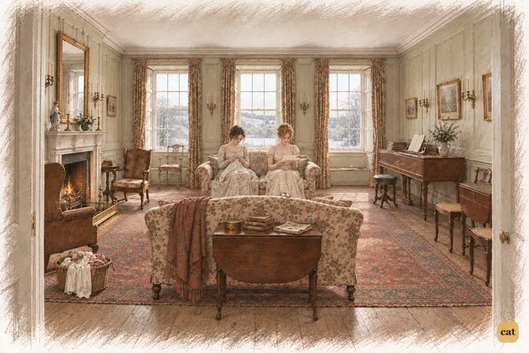 Jane begins reading Caroline’s reply while Elizabeth sews beside her.