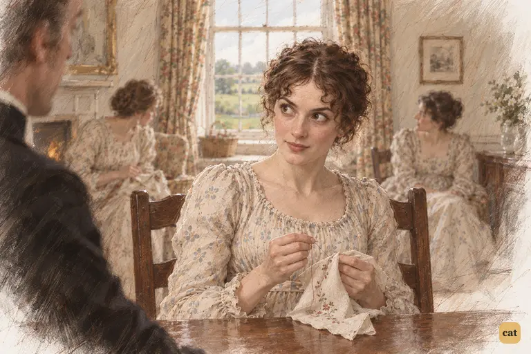 Elizabeth's needle stops mid-stitch as Mr. Collins's request makes her blush