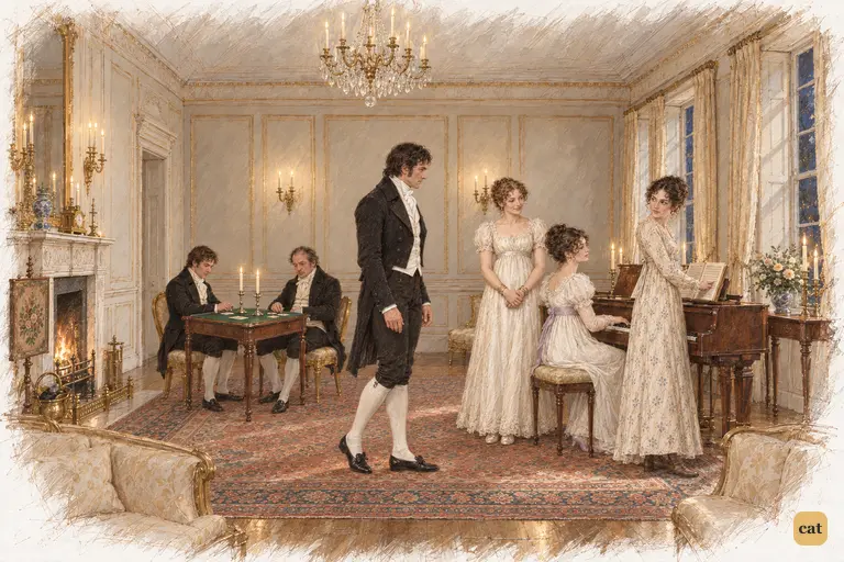 As Caroline plays a lively Scotch air, Darcy approaches Elizabeth by the pianoforte