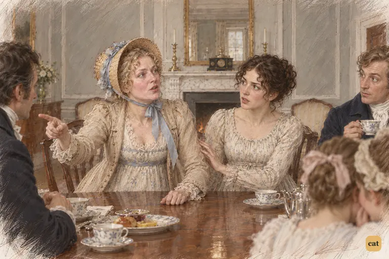 Mrs. Bennet indignantly defends country society, directing her outburst at Darcy.