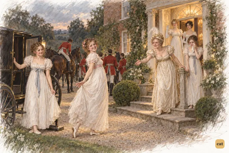 Lydia and Harriet Forster prepare to leave Longbourn amid Mrs. Bennet’s effusive good wishes.