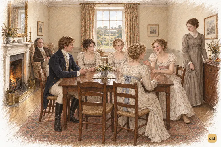 Lydia and Mrs. Bennet fill Longbourn’s breakfast room with delighted conversation.