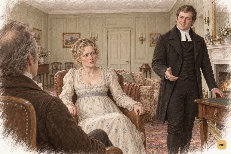Mrs. Bennet sits rigidly by the hearth while Collins beams serenely beyond her shoulder