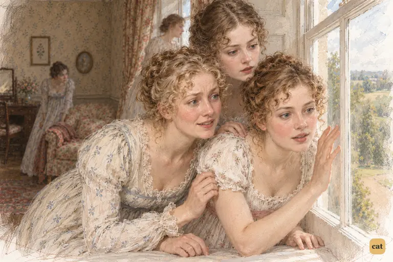 Lydia and Mrs. Bennet crowd against the upstairs window, while Kitty strains over their shoulders.