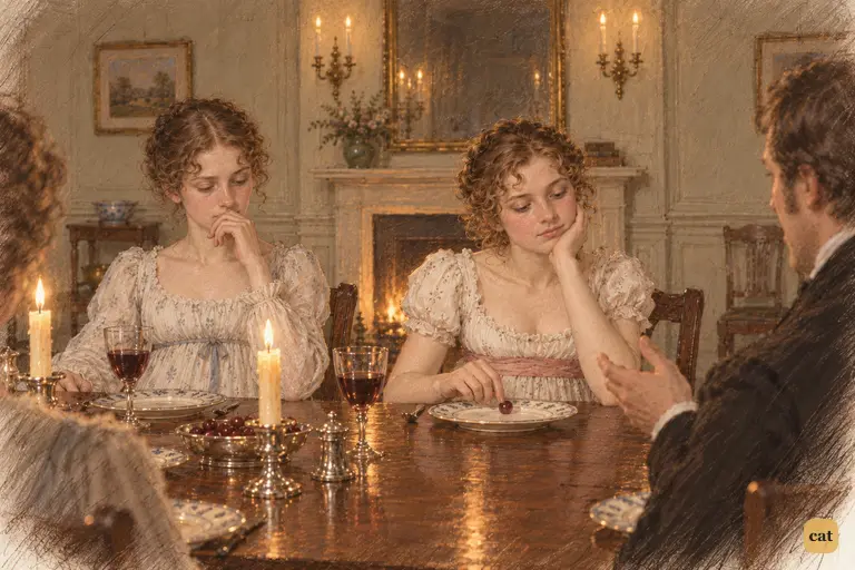 Lydia idly rolls a cherry stone across her plate while Kitty conceals a yawn.