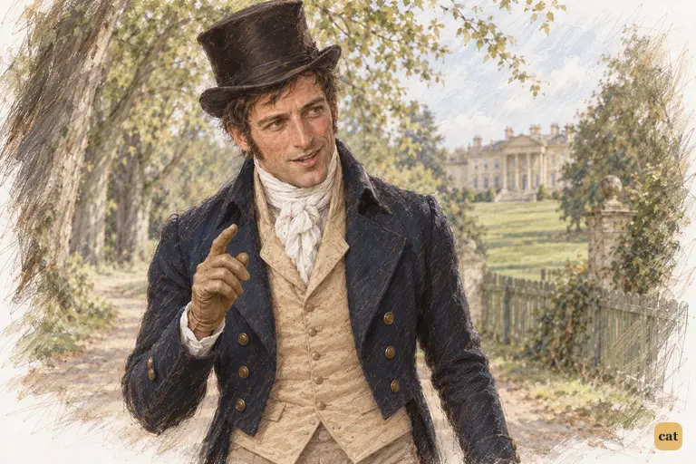 Colonel Fitzwilliam walks towards the Parsonage with a genial smile and a raised forefinger
