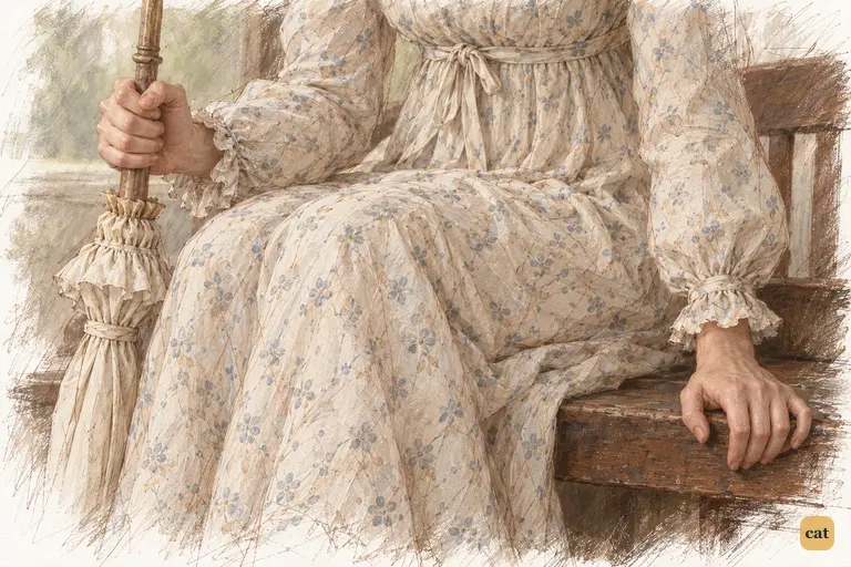 Elizabeth grips her parasol and plants her palm, ready to leave