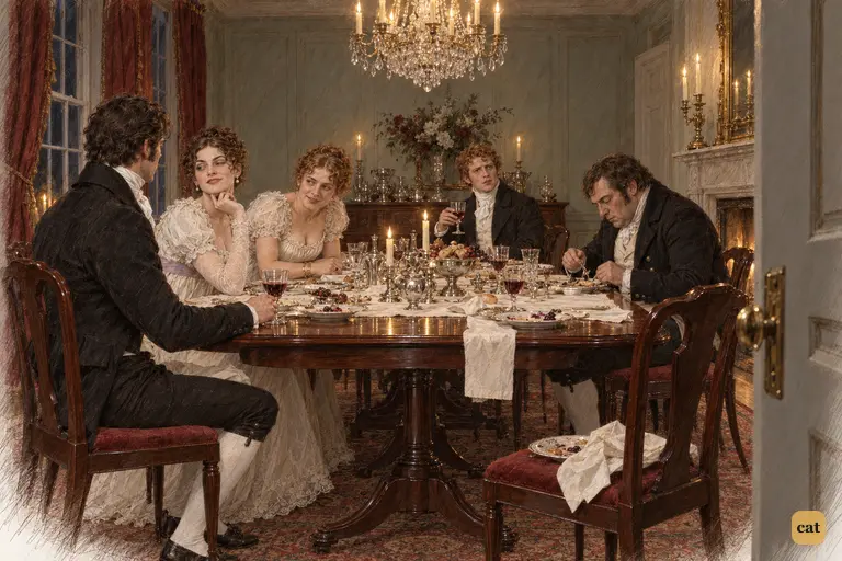 Elizabeth's chair is empty as Caroline speaks maliciously to Darcy and Louisa joins in