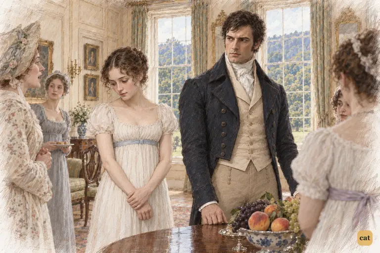 As Elizabeth answers Miss Bingley's sneer, Darcy flushes and Georgiana bows her head.