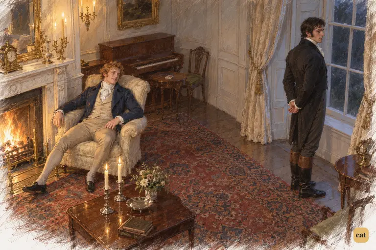 Bingley lounges in the warm firelight while Darcy stands upright beside the dark window.