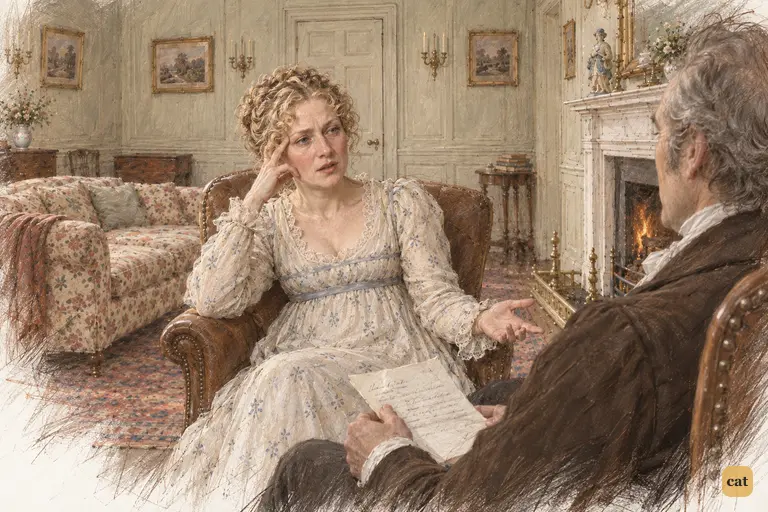 Mrs. Bennet complains directly to her husband about Mr. Collins’s promised return.