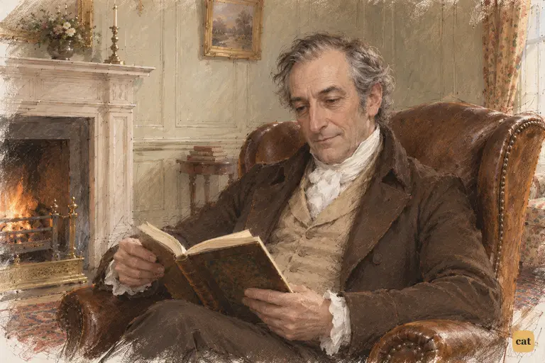 Mr. Bennet finishes his brief reply with his eyes still on his book.