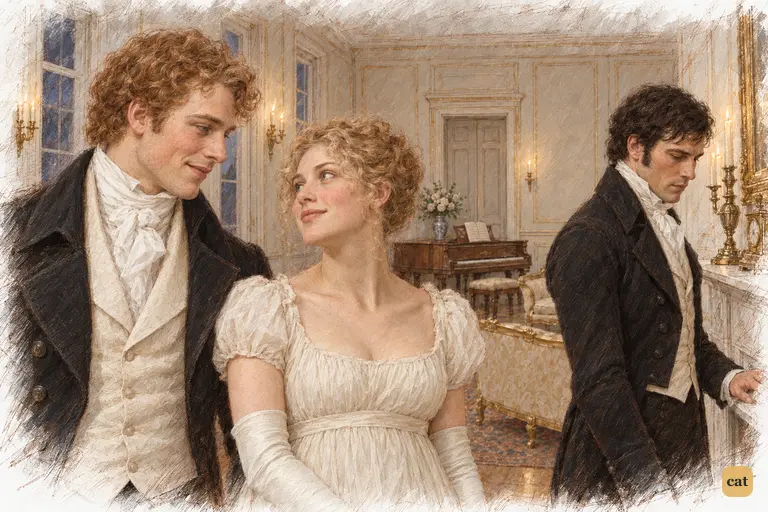 Jane and Bingley share a quiet smile by the pianoforte as the evening ends