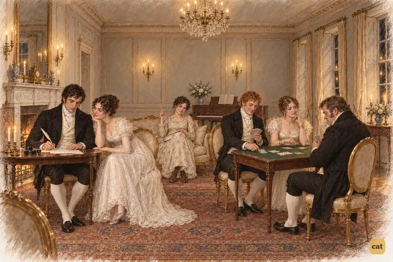 Darcy writes while Caroline Bingley presses her attentions upon him.