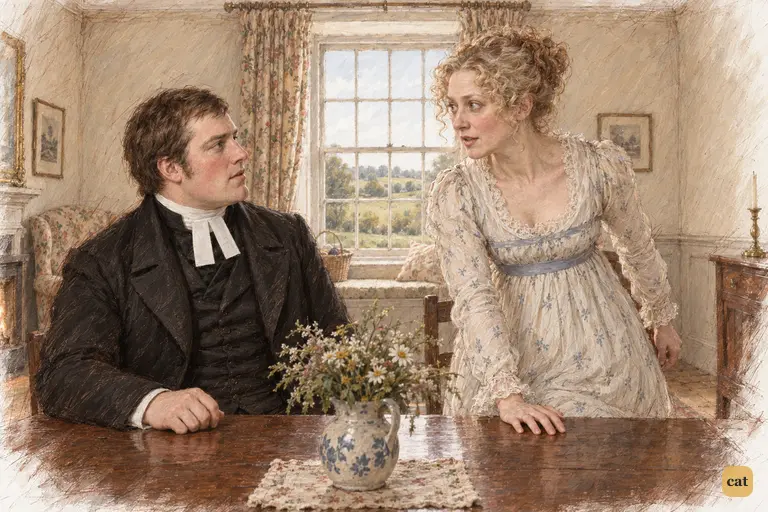 Mrs. Bennet rises in flustered haste to enlist her husband’s authority over Elizabeth’s refusal.