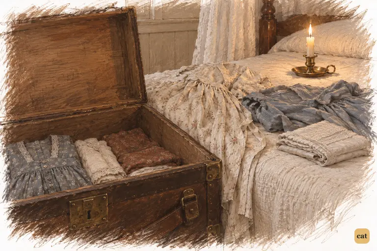Maria's opened trunk and loosened gowns after Lady Catherine's packing instructions