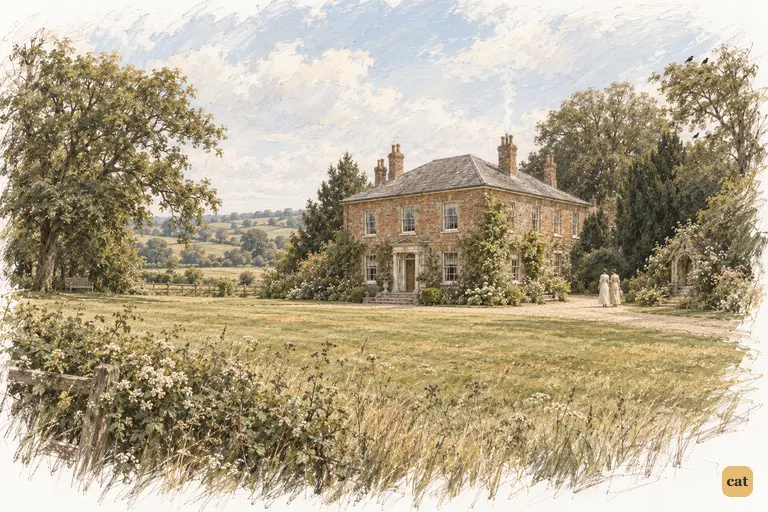 Longbourn rests beneath a pale August sky, overlooking the sunlit paddock