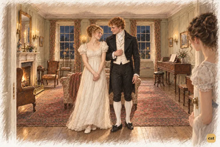 Elizabeth opens the drawing-room door to find Jane and Bingley close by the hearth