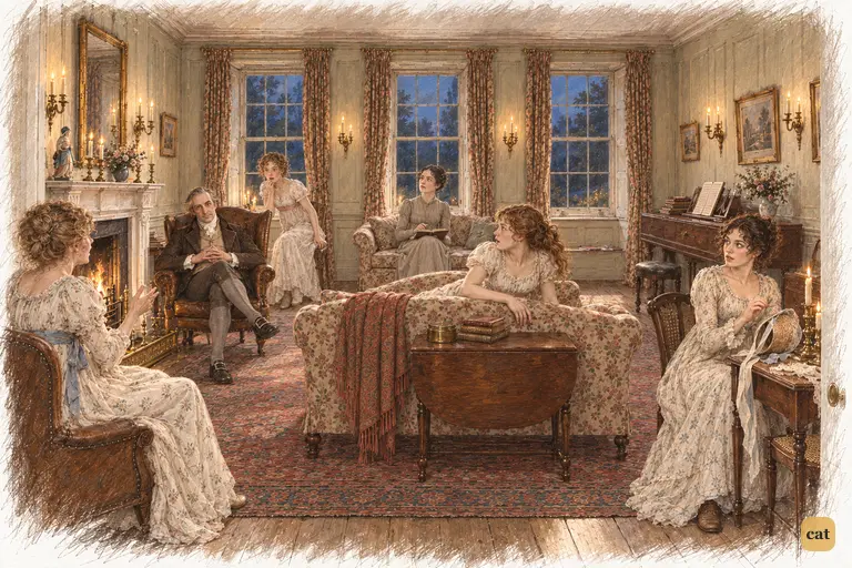Elizabeth, Mary, Kitty and Lydia freeze and stare at Mr. Bennet.
