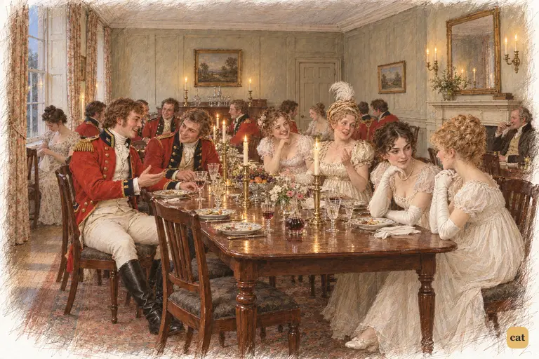 Wickham resumes his easy charm among the officers while Elizabeth turns quietly toward Jane.