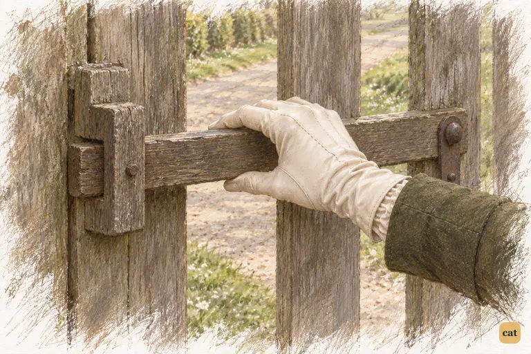 Elizabeth’s gloved hand settles on the gate latch opposite the Parsonage.