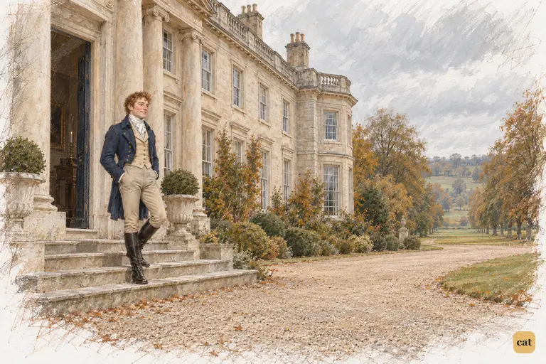 Charles Bingley surveys Netherfield's lawns from the front steps, at ease in his new home