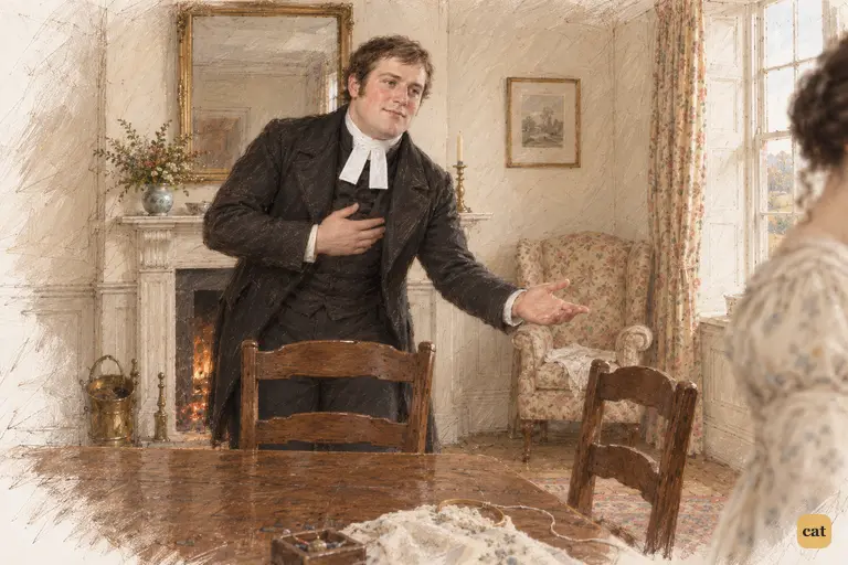 Mr. Collins answers Elizabeth’s earnest refusal with a stiff bow and a complacent smile.