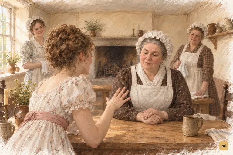 Lydia presents her wedding ring to Mrs. Hill and the two housemaids.