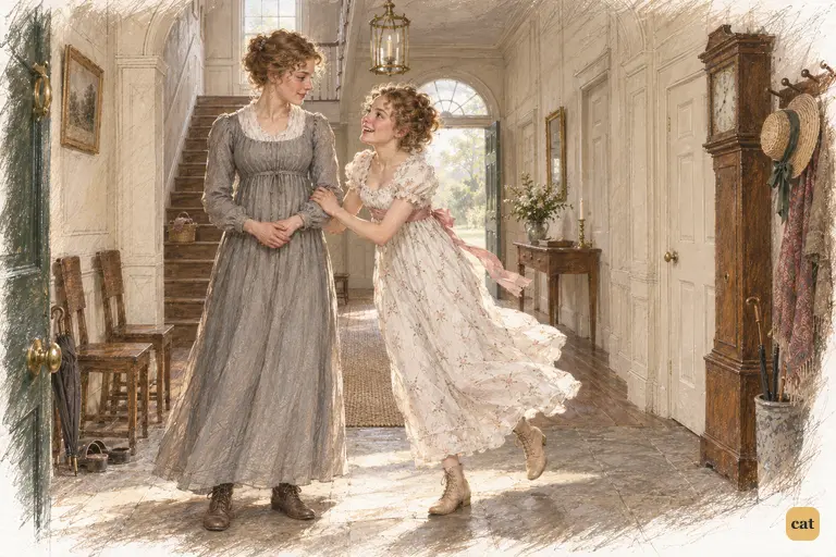 Charlotte Lucas arrives at Longbourn as Lydia rushes from the stairs to whisper the news