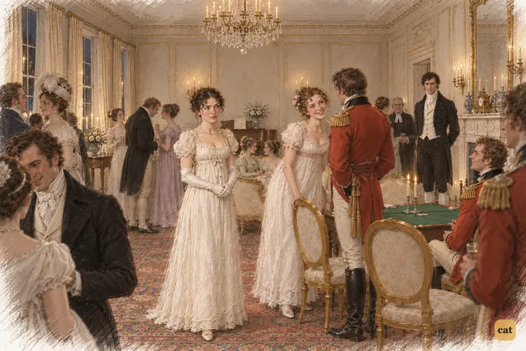 Elizabeth searches the scarlet-coated officers for Wickham, her confidence faltering