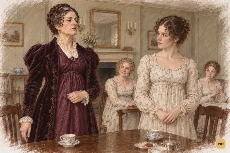 Lady Catherine rises from the offered refreshments and summons Elizabeth to accompany her outside.