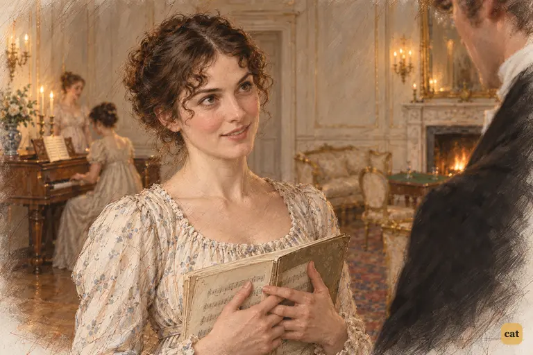 Elizabeth answers Darcy with a raised chin and a smile, music book held to her bodice