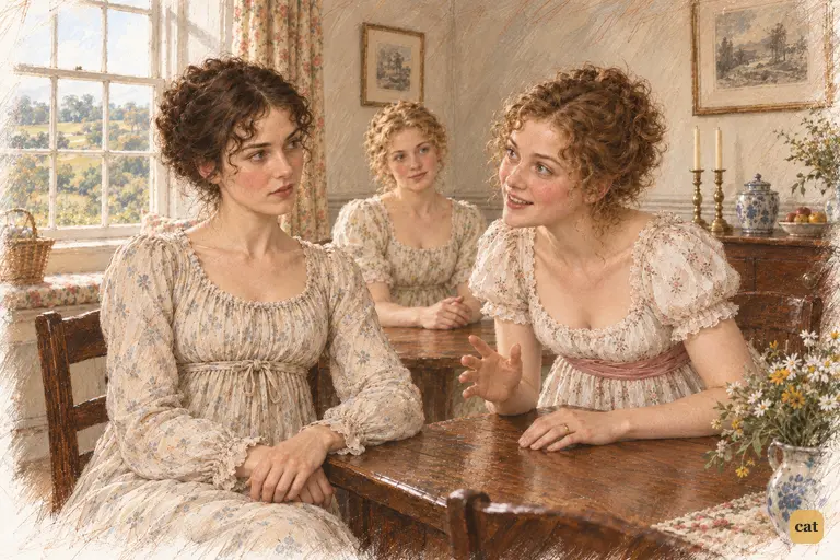Lydia cheerfully recounts her uncle’s timely return, seeking Elizabeth’s approval.