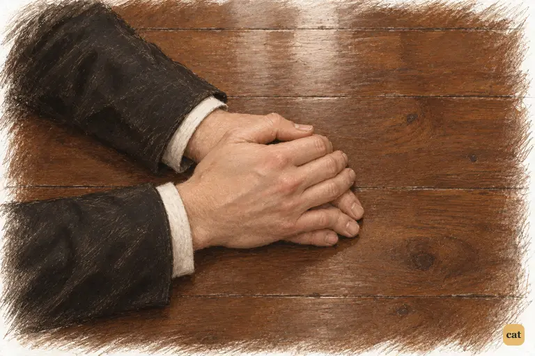 Collins rests folded hands on the table, complacently declaring his good intentions