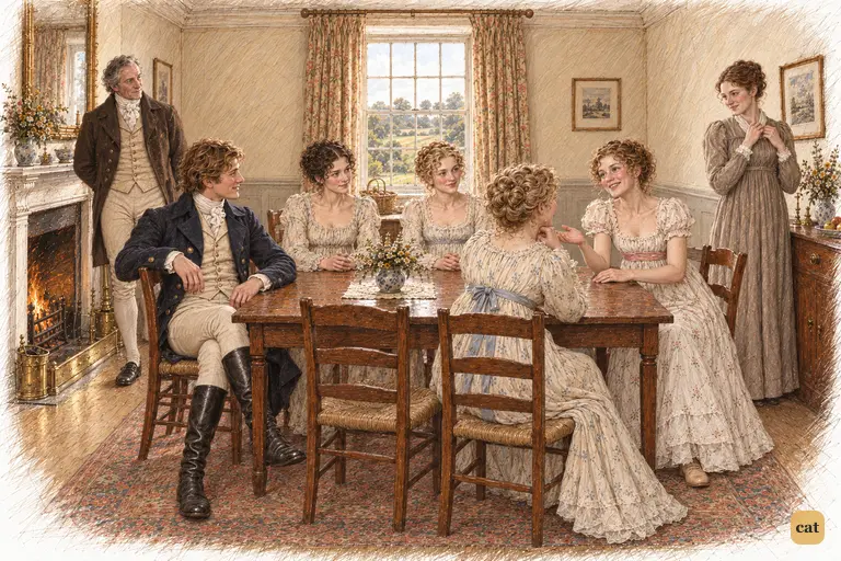 Lydia declares that her sisters must envy her marriage, basking in Mrs. Bennet’s approval.