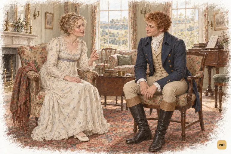 Mrs. Bennet warmly reproaches Bingley for his long absence, reclaiming command of the conversation.