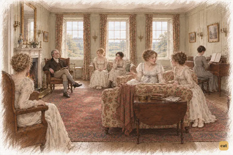 Mr. Bennet delivers his dry verdict while Lydia and Kitty remain absorbed in their chatter.