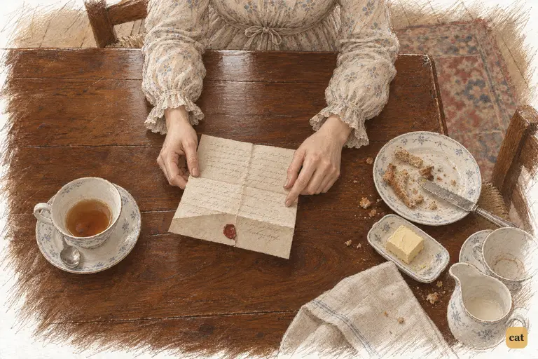 Elizabeth holds Jane's letter open among the remains of breakfast.