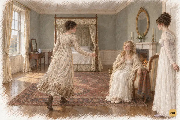 Elizabeth enters Jane’s bed chamber, her anxious haste meeting her sister’s weak, grateful delight.