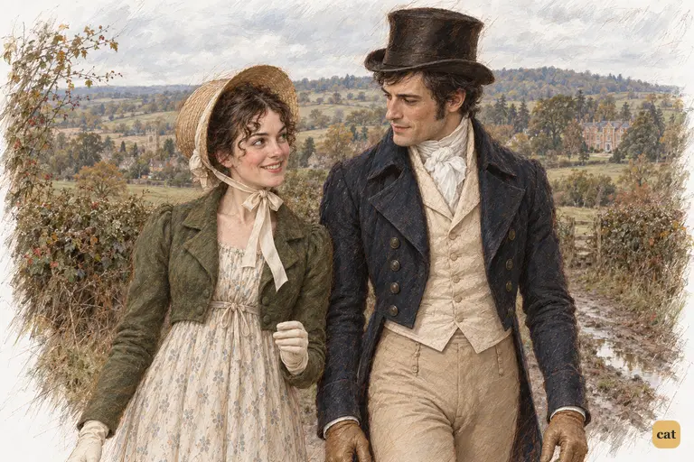 Elizabeth laughs at her former severity as she walks beside Darcy.