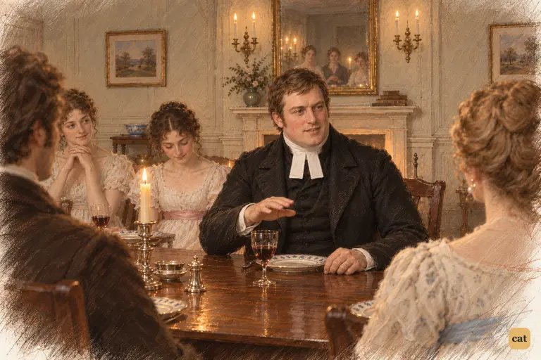 Mr. Collins praises Miss de Bourgh, tracing her little phaeton's path above the table