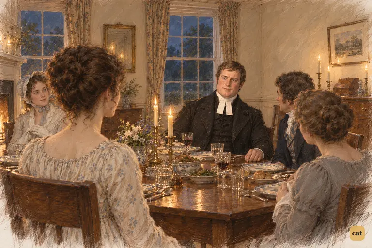 Collins solemnly presents Lady Catherine’s notice as an honour awaiting Elizabeth.