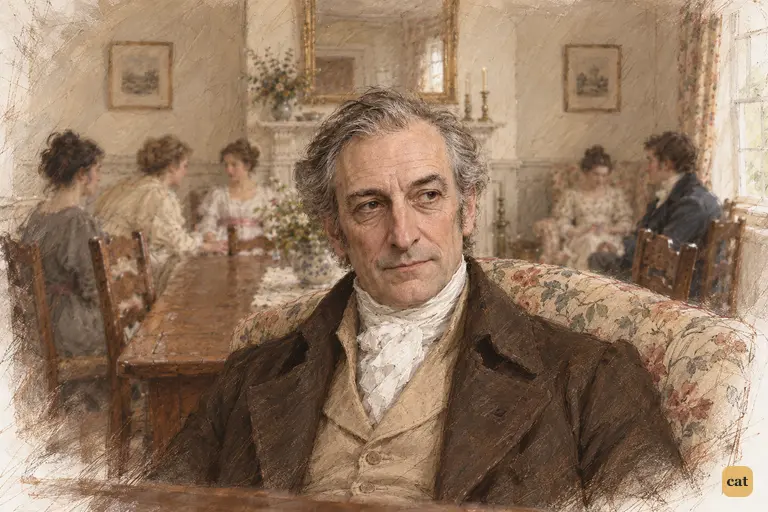 Mr. Bennet settles into a grave silence as the family's welcome continues around him.