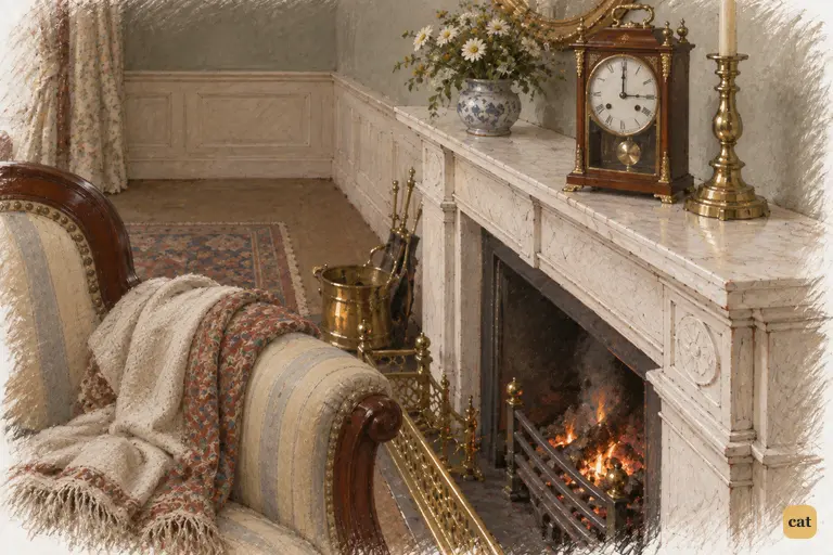 The mantel clock strikes three above Jane's empty armchair and abandoned shawl