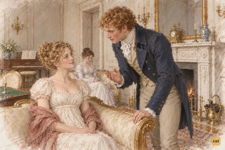 Bingley leans toward Jane beside the marble hearth, earnestly urging her to stay.